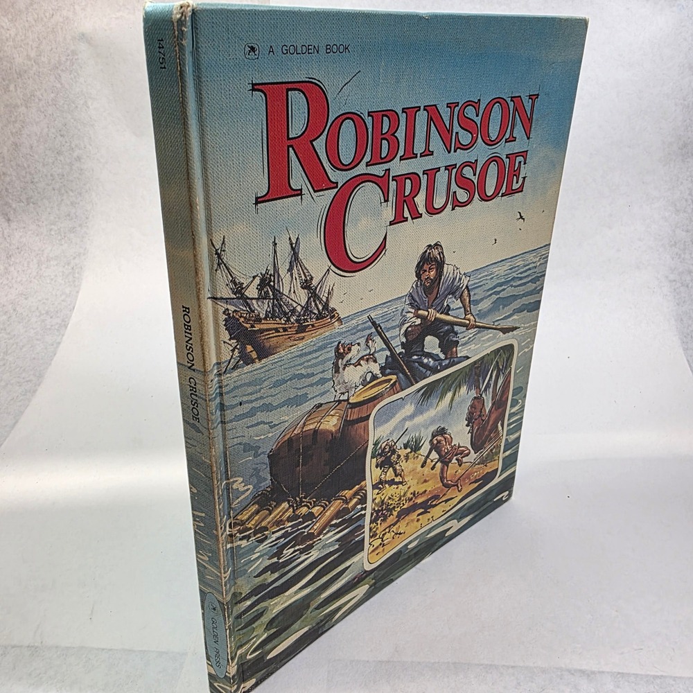 Golden Press Robinson Crusoe Book Kids 1975 Blue Good Vintage Illustrated
